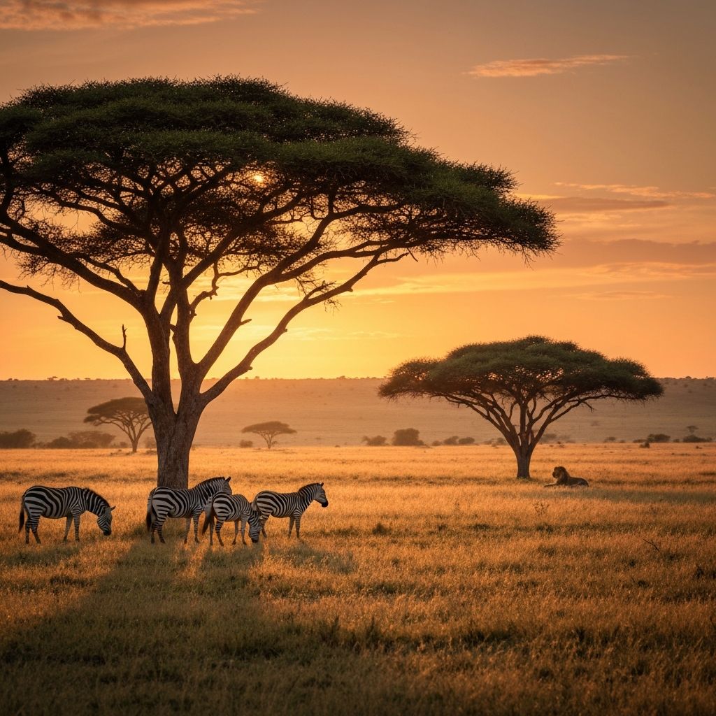 African savanna landscape with acacia trees at golden hour sunset in Kenya